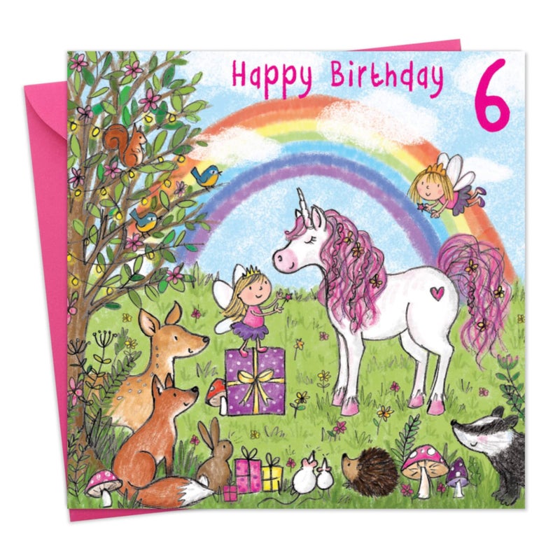 TWIZLER 6th Birthday Card Girl with Unicorn, Multicolor, 6.1 x 6.1 in - Image 1